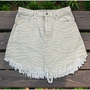 We The Free People Denim Mini Skirt Womens Sz 27 Cream Zebra Zinc Combo Raw Hem